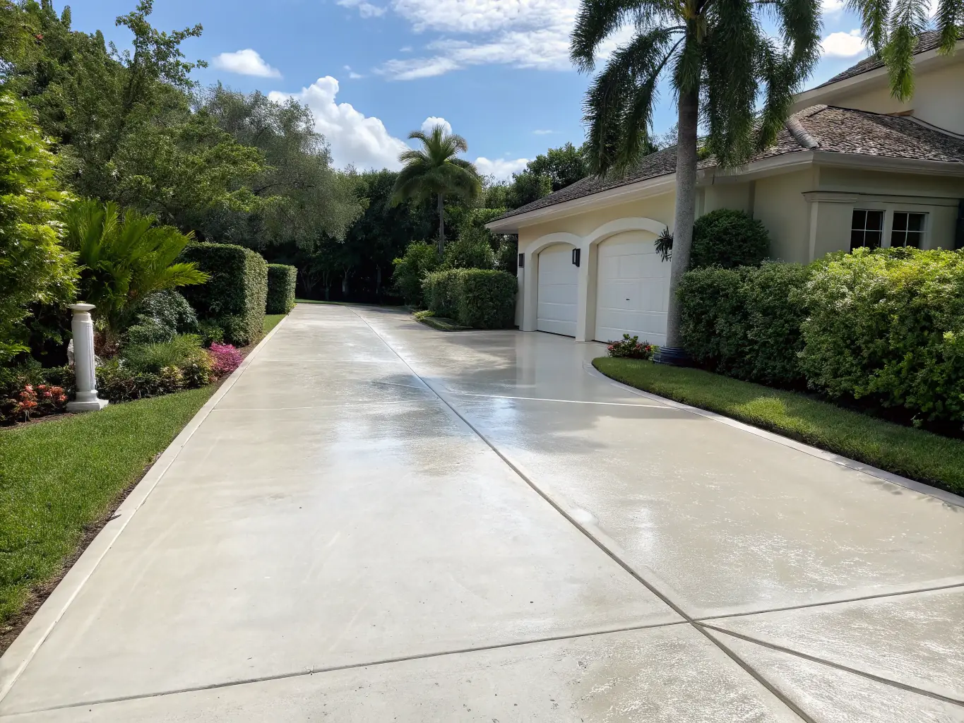 A high-angle shot of a freshly pressure-washed driveway, showcasing the clean lines and restored appearance of the concrete, with a house in the background.