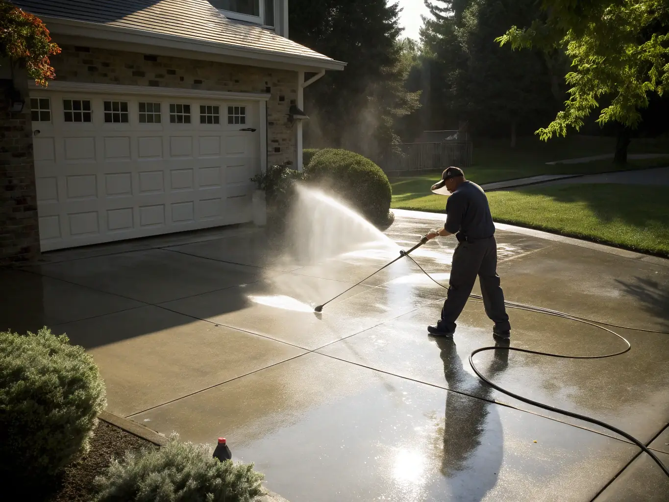 A high-pressure water stream cleaning a heavily soiled concrete driveway, removing years of accumulated dirt and grime, with a focus on the immediate area being cleaned and the contrast between the clean and dirty sections.