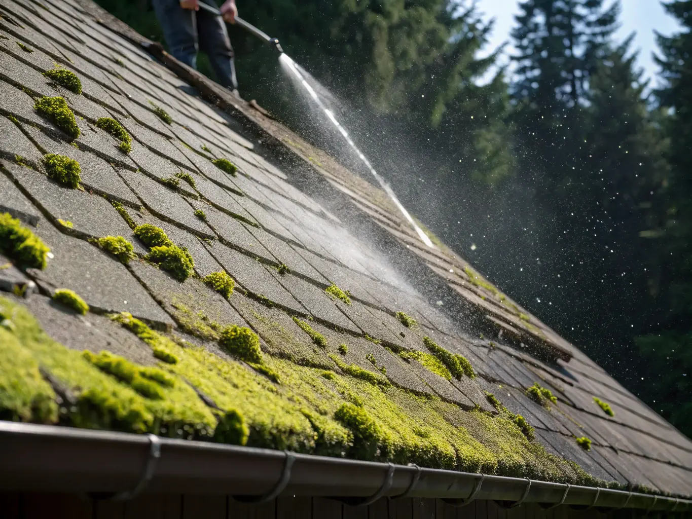 A close-up of a roof being gently cleaned with a soft washing technique, showing the cleaning solution being applied and the algae and moss being removed without damaging the roofing material.