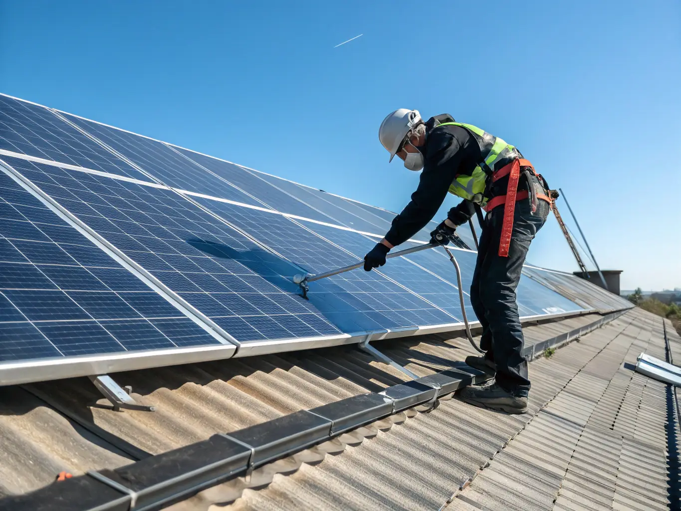 A technician cleaning solar panels with specialized equipment, ensuring no streaks or residue are left behind, with a focus on the clean panels and the surrounding environment.